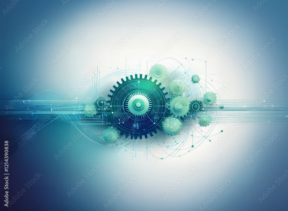 Poster abstract digital illustration of interconnected gears, representing technological synergy and comple