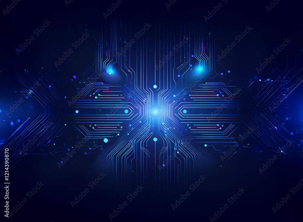 Poster abstract digital artwork depicting glowing blue circuit board patterns, suggesting technological adv