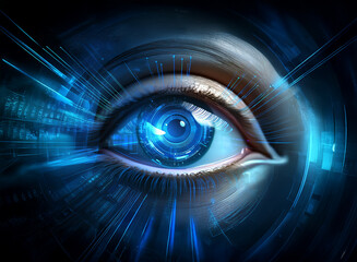 Obraz premium A stylized eye, digitally enhanced, with a futuristic camera lens as its pupil. Surrounding it are glowing blue streaks and technological elements. The image evokes themes of surveillance and techno