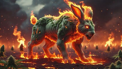 surrealist muscular figure of an angry and vicious 3D render anime rabbit in flames