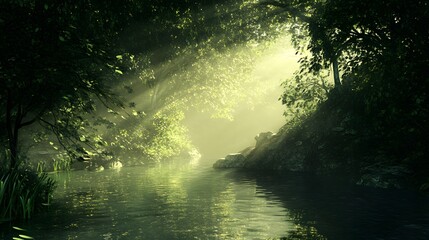 Obraz premium Sunlit Forest River Magical Nature Scene