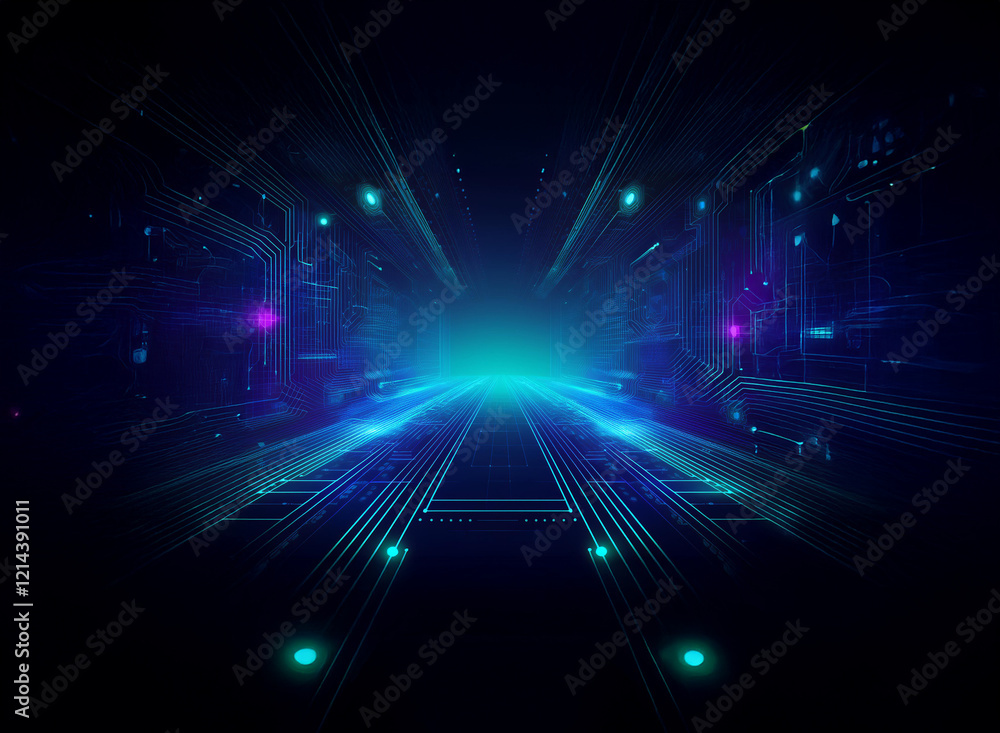 Poster abstract digital art depicting a glowing, futuristic corridor with circuit-like pathways. the vibran