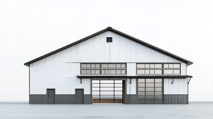 Obraz premium Modern Farmhouse Barn: Architectural rendering of a stylish white barn with a dark gray base, featuring large industrial-style windows and a roll-up garage door. Ideal for modern farmhouse, rural.