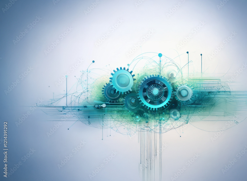 Fototapete Abstract image depicting interconnected gears and circuitry, suggesting complex systems and technological innovation.  A sense of movement and fluidity is conveyed through the design.