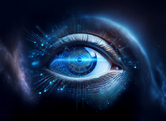 Fototapeta premium A close-up of a human eye, digitally enhanced with glowing blue circuits and cosmic elements. It evokes themes of technology, vision, and the future.
