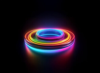 Obraz premium Vibrant rainbow neon rings glow on a dark background, creating a futuristic, circular platform with a reflective surface. The image evokes a sense of energy and dynamism.