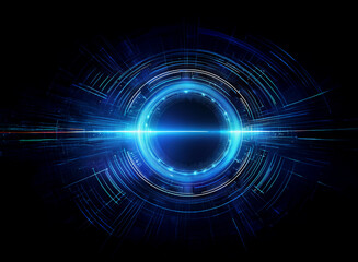 Obraz premium Abstract digital art depicting a glowing blue circular interface with concentric rings and radiating light streaks against a black background. Suggests technology, energy, and futuristic design.