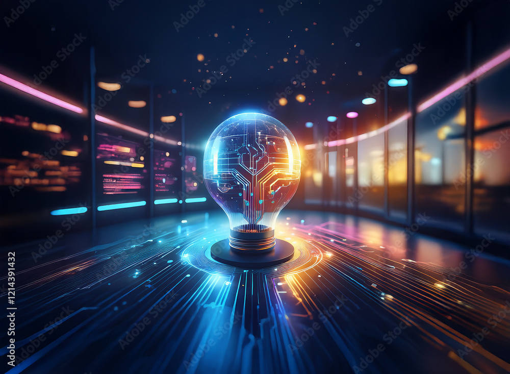 Poster a glowing lightbulb, its filament replaced by a circuit board, sits at the center of a futuristic da