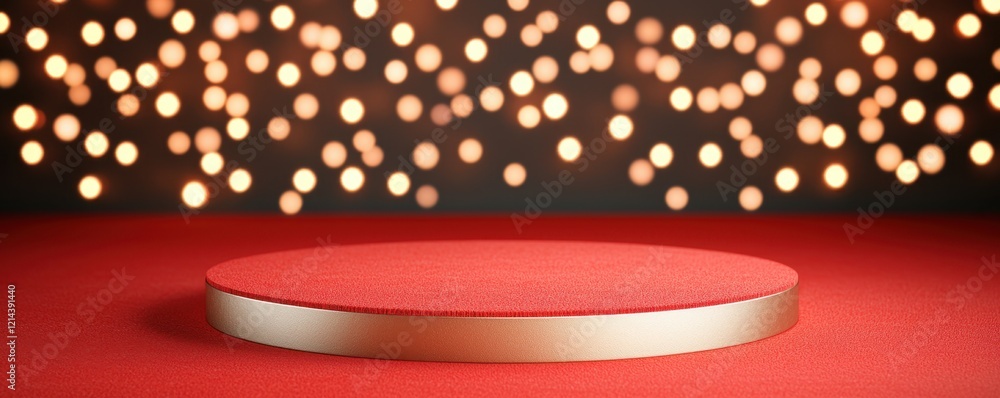 Poster elegant red and gold podium display with sparkling bokeh background