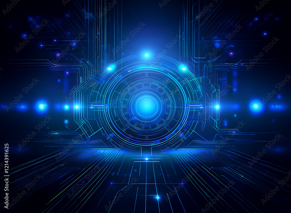 Poster glowing blue circular mechanism, futuristic technology, digital circuit board design, dark backgroun