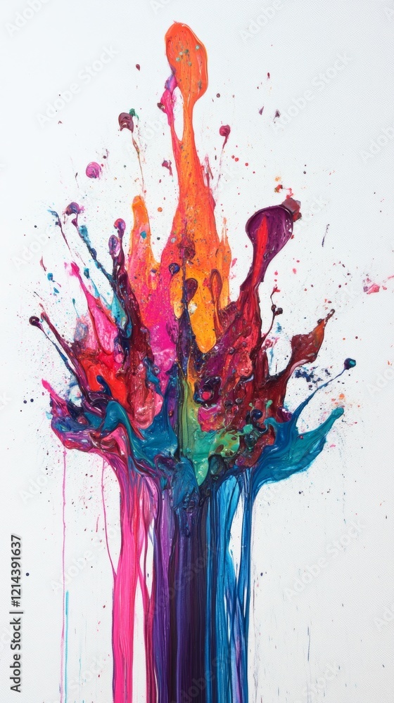Poster abstract painting featuring vibrant colors splashing and dripping, creating a dynamic and visually s