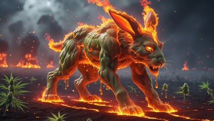 surrealist muscular figure of an angry and vicious 3D render anime rabbit in flames