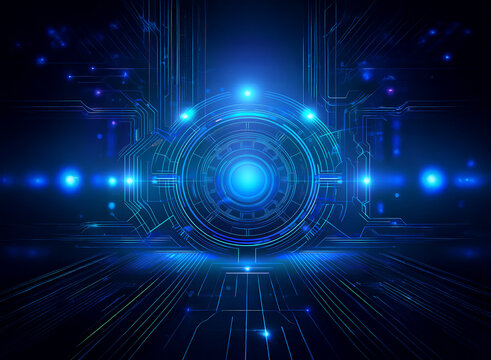 Glowing blue circular mechanism, futuristic technology, digital circuit board design,  dark background, abstract, vibrant, energy.