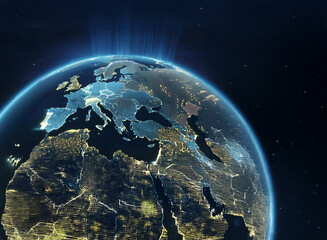 Fototapeta premium A digitally enhanced image showcases the Earth at night, focusing on Europe and surrounding regions. City lights illuminate the landmasses, contrasting with the dark expanse of space. A subtle glow e