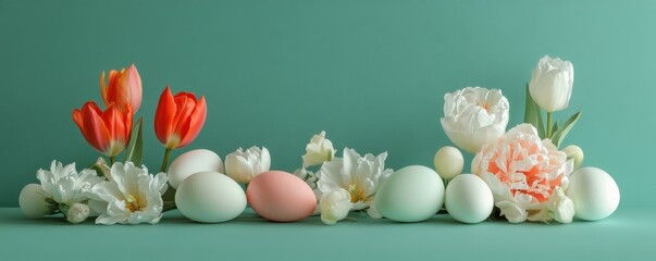 Colorful spring arrangement of eggs and tulips on a mint green background showcasing seasonal decor