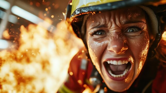 In this dynamic shot, a female firefighter is passionately shouting, her powerful expression conveying the urgency and adrenaline of fighting fires and saving lives.