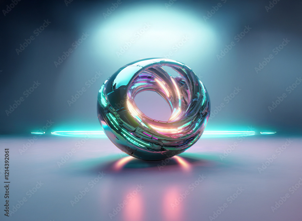 Poster a chrome sphere with iridescent highlights rests on a reflective surface, illuminated by vibrant tea