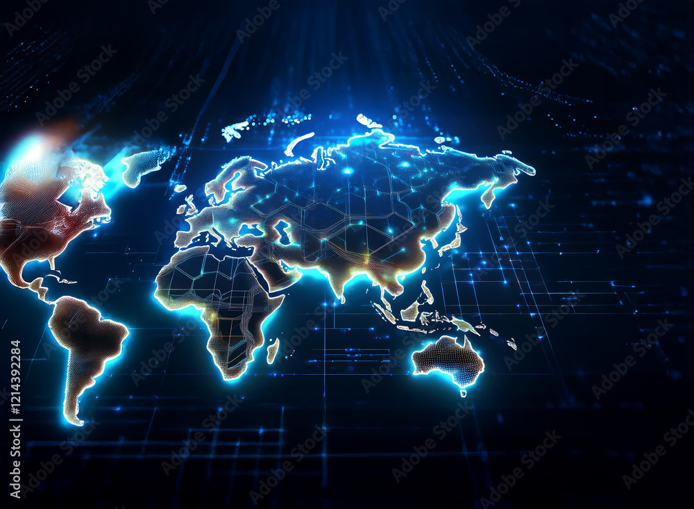 Aufkleber Glowing world map on a digital grid, representing global network connections and data flow.  A futuristic visualization of interconnectedness.
