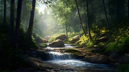 Obraz premium Sunlit Forest Stream Waterfall Rocks Green Trees