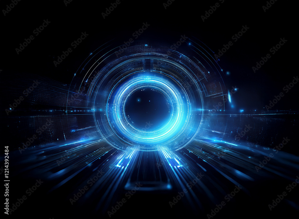 Fototapete glowing blue circular interface on dark background. futuristic technology concept with sleek lines a