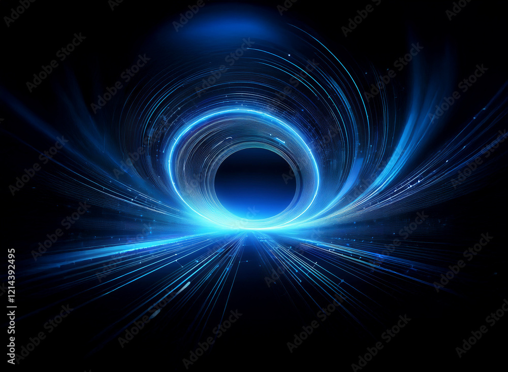 Poster abstract swirling blue light trails converge towards a central glowing ring, creating a vortex effec