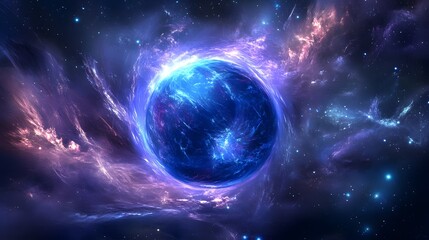 Obraz premium Cosmic Nebula Glowing Planet in Purple and Blue Space