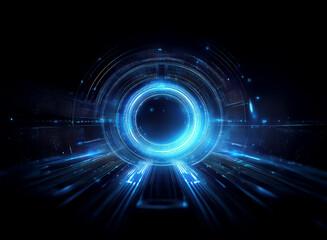 Glowing blue circular interface on dark background. Futuristic technology concept with sleek lines and energy pulses.  Abstract digital design.