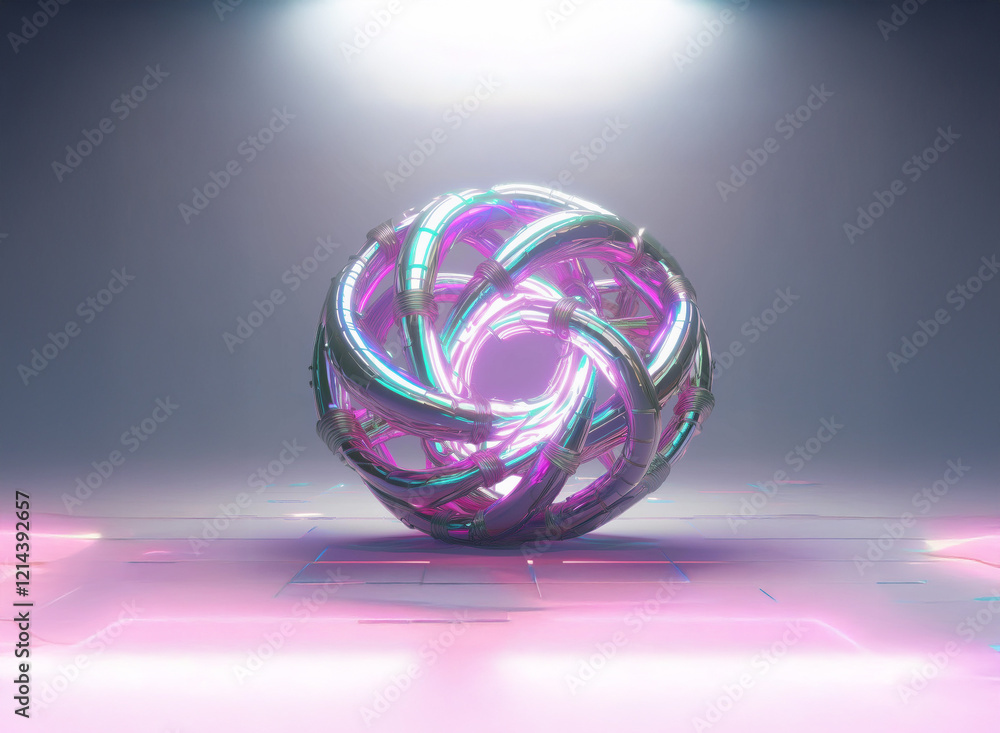 Aufkleber an iridescent, metallic sphere with an intricate, interwoven structure sits on a reflective pink sur