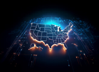 Fototapeta premium Glowing digital map of the United States, showcasing its states within a futuristic technological network. The image symbolizes connectivity and technological advancement across the nation.