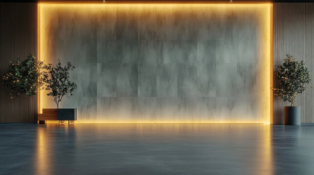 modern corporate interior featuring smooth metallic wall, illuminated by warm lighting, with decorative plants and minimalist furniture enhancing aesthetic appeal