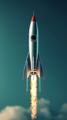 Vintage rocket ship ascending through a turquoise sky, flames and smoke trailing from its engine, clouds visible below