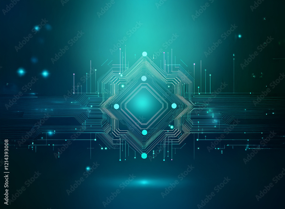 Poster abstract digital artwork depicting a glowing teal circuit board core, radiating light and intricate 