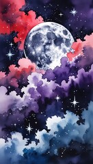 watercolor art purple clouds and stars moon Illustrations galaxy background