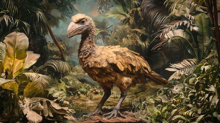Obraz premium Illustration of a dodo bird standing near tropical plants.