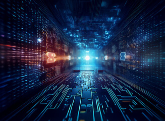 Obraz premium A digital tunnel, glowing with vibrant blue and red hues, shows a futuristic data stream. The path is lined with intricate circuitry, suggesting a high-tech, digital realm.