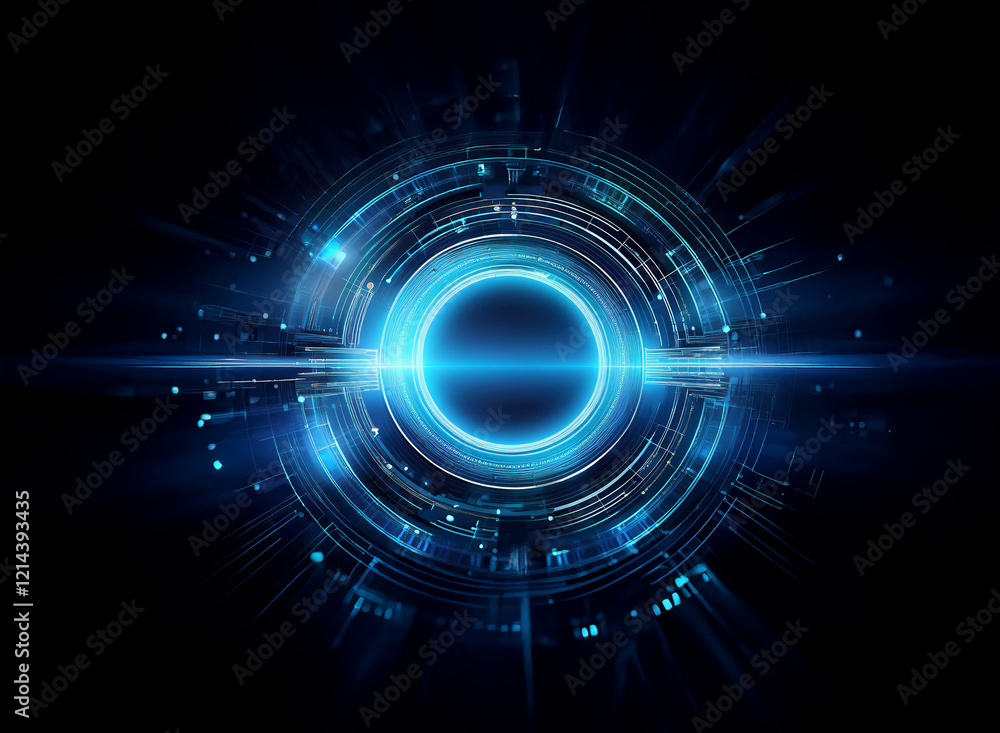 Poster a vibrant blue circular technological interface glows intensely against a dark background. intricate