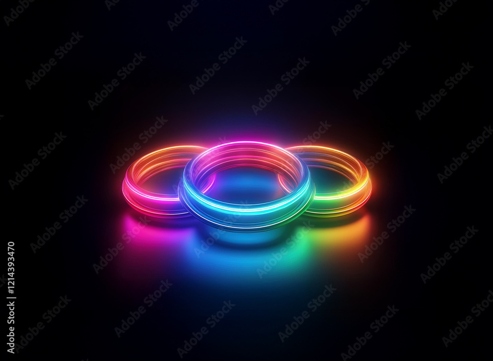 Poster three vibrant, neon rings intersect, casting colorful reflections on a dark, glossy surface. the rin