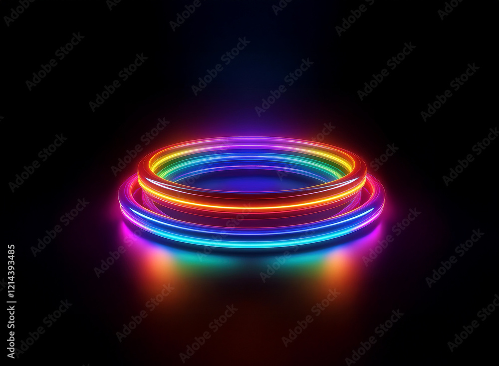 Poster vibrant rainbow neon rings glow on a dark reflective surface, creating a mesmerizing circular light 
