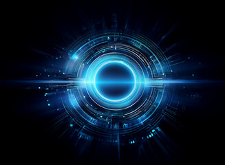 A vibrant blue circular technological interface glows intensely against a dark background.  Intricate circuitry and radiating light effects create a futuristic, high-tech aesthetic.