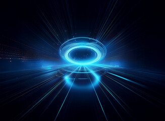 Obraz premium Futuristic blue energy ring hovers above a glowing highway, radiating light streaks across a dark, abstract background. The scene evokes speed, technology, and otherworldly travel.