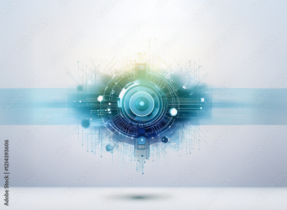Fototapete Abstract digital art depicting a futuristic technological hub, a central circular element surrounded by interconnected nodes and flowing lines, suggesting advanced networking and data flow.  The color