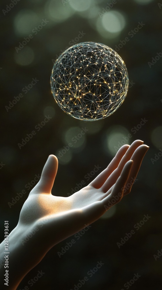 Poster open hand holding a floating polygonal sphere with glowing vertices and edges, representing global c