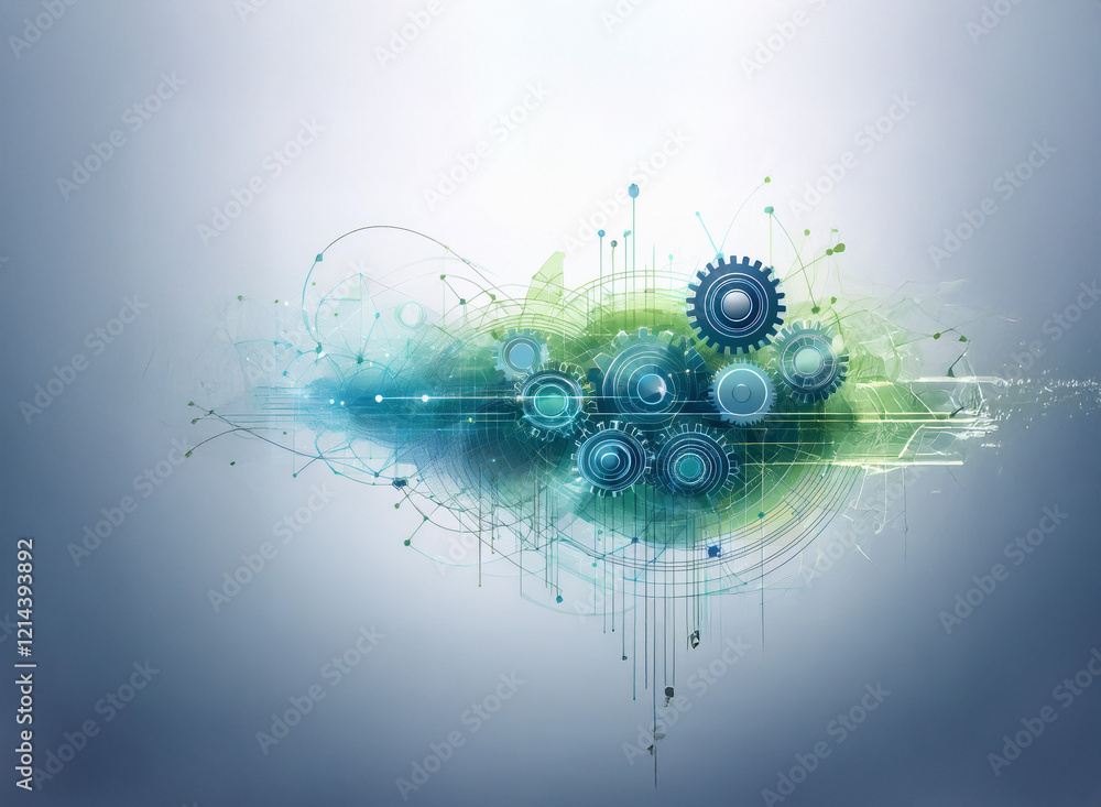 Aufkleber Abstract digital artwork depicting interconnected gears and flowing lines in shades of green and blue, suggesting a network or system.  The design evokes a sense of technology and innovation.