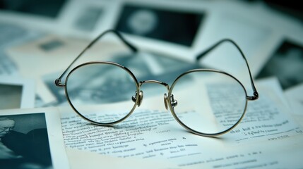 Round glasses atop a stack of papers with indistinct contents, hinting at intellectual pursuit and subtle intellectual character.