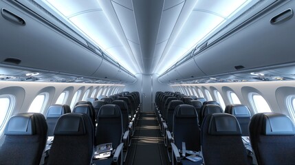 Interior view of a passenger jet, with rows of passengers seated.