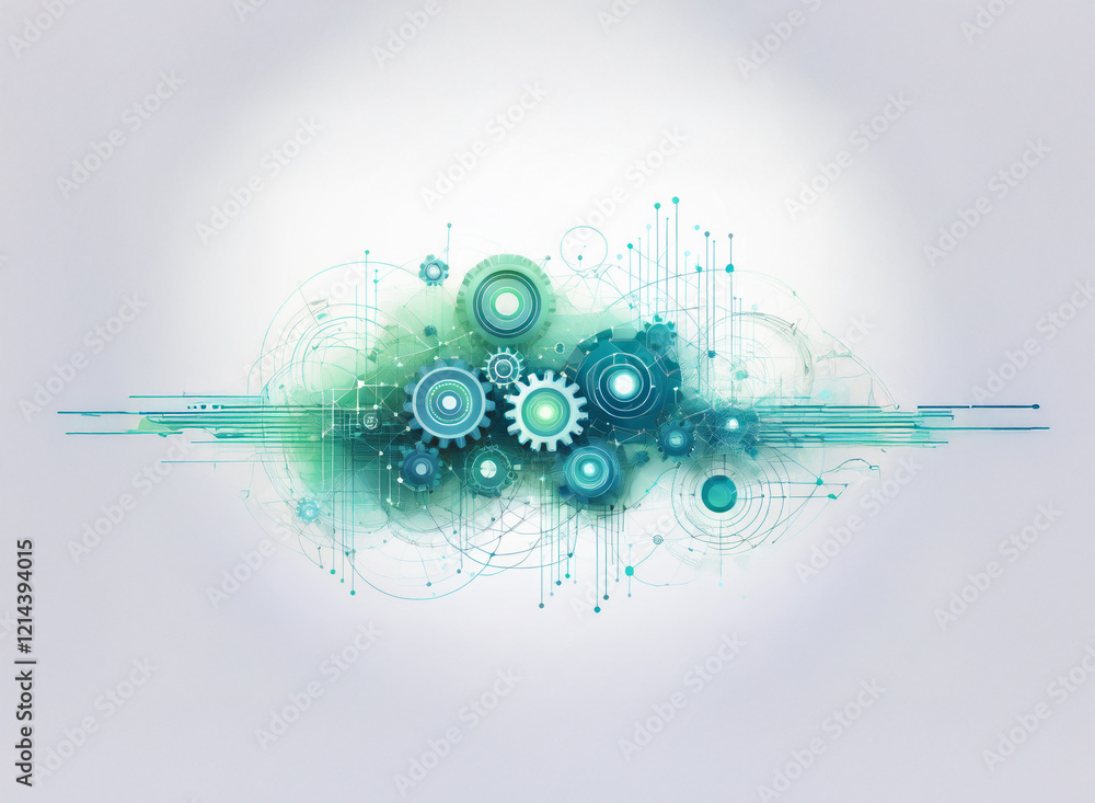 Poster Abstract image depicting interconnected gears and circuitry, symbolizing technological synergy and innovation within a soft, teal watercolor wash.