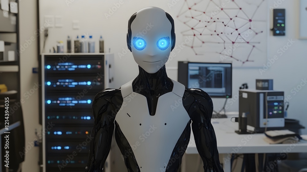 Poster advanced humanoid robot stands in a technological lab