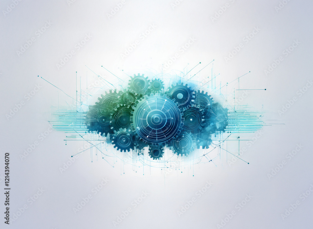 Aufkleber Abstract cloud-shaped illustration of interconnected gears in teal and blue hues, representing complex systems and technological processes.  The design suggests seamless integration and efficient work