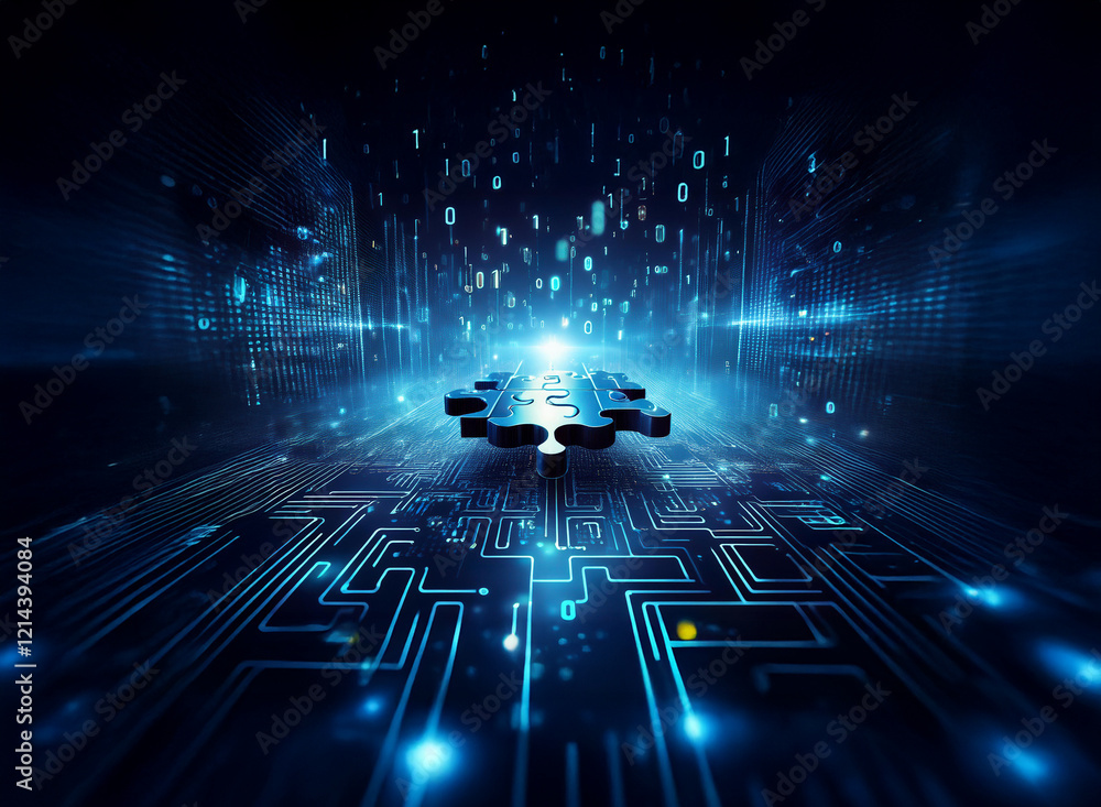 Aufkleber Glowing puzzle piece sits on a futuristic circuit board, binary code streams around it, symbolizing digital connection and problem-solving.