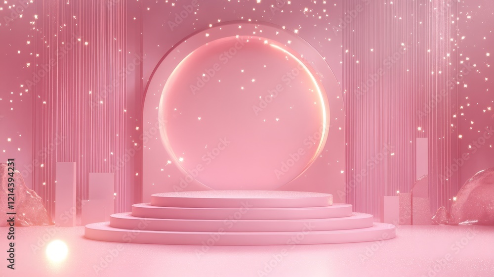 Poster serene pink stage with soft glow and sparkles for elegant setting